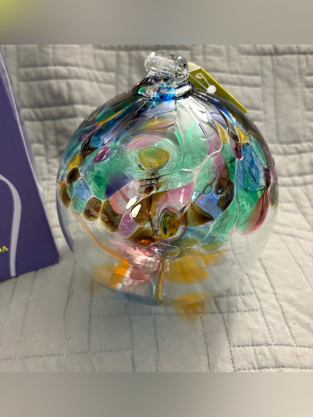 Hand-Blown Multicolor Glass Orb Accent - Green Pink Blue Swirls